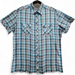 Kuhl Eluxur Shirt Mens XL Blue Plaid Pearl Snap Short Sleeve Outdoor Hiking Work